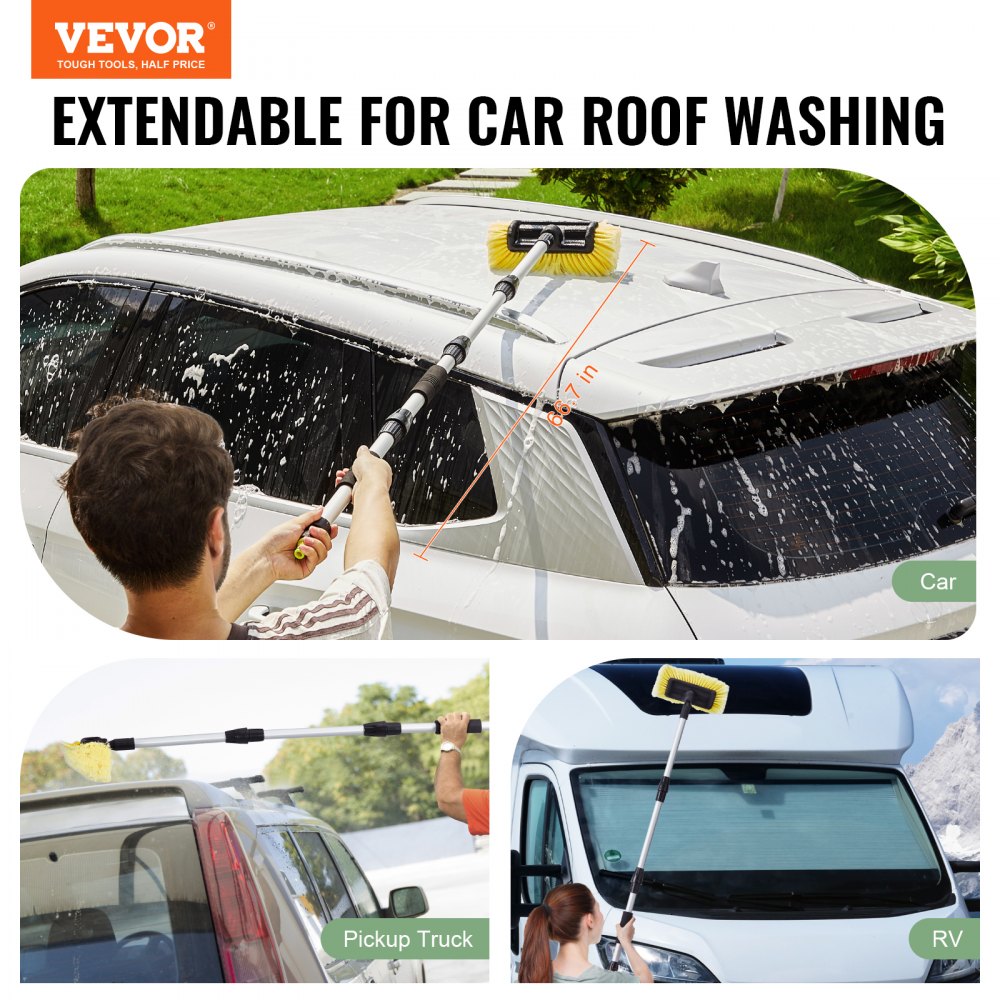 VEVOR Car Wash Brush, 66.7-Inch Extendable Car Washing Brush with Long Handle, 12" Scratch-Free Soft PVC Bristle Head, Flow-Thru Car Cleaning Mop Kit with Water Hose Attachment for Car RV Boat
