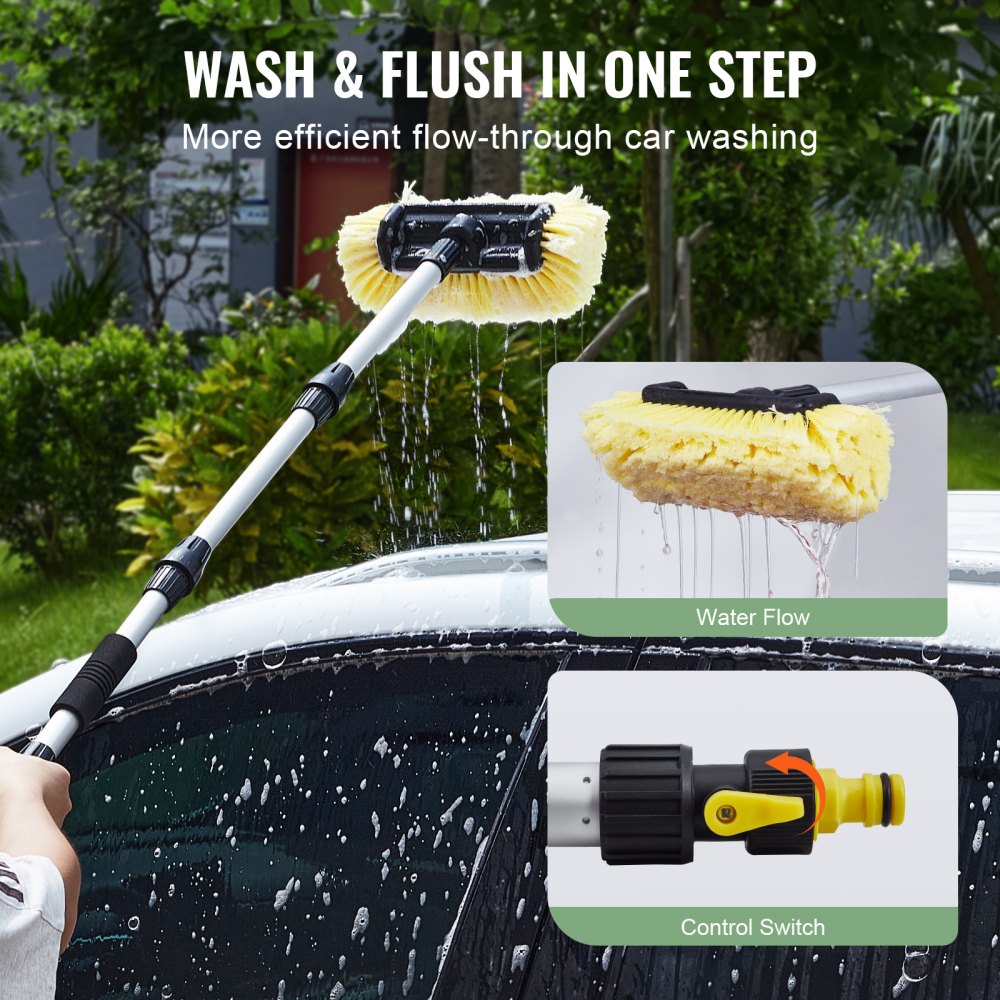VEVOR Car Wash Brush, 66.7-Inch Extendable Car Washing Brush with Long Handle, 12" Scratch-Free Soft PVC Bristle Head, Flow-Thru Car Cleaning Mop Kit with Water Hose Attachment for Car RV Boat