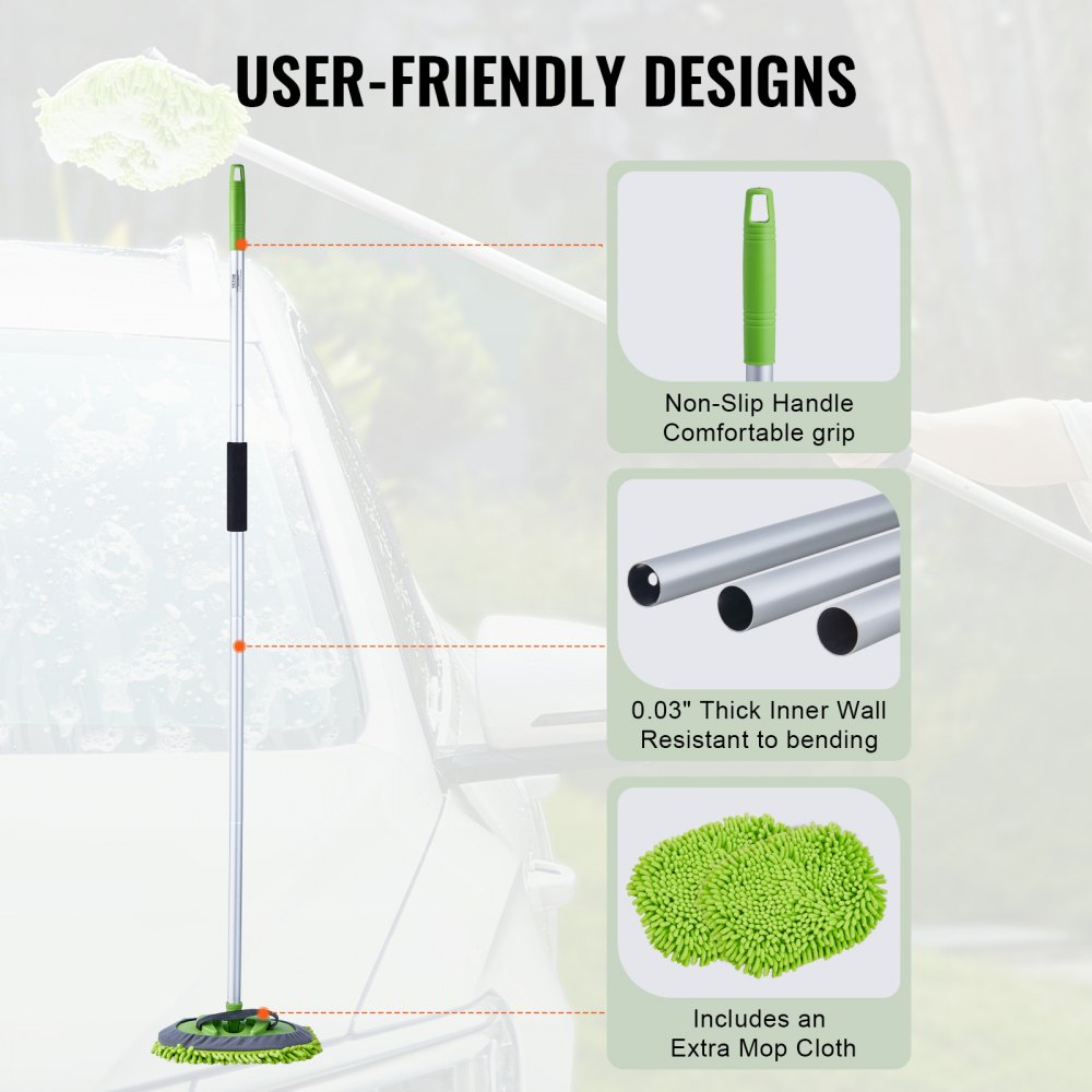 VEVOR Car Wash Brush, 62-Inch Extendable Car Washing Brush with Long Handle, Soft Chenille Fiber Car Wash Mop Mitt, 180° Rotatable Car Cleaning Brush with 1 Replacement Mop for Car, RV, Window, Floor