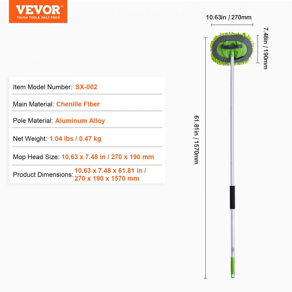 VEVOR Car Wash Brush, 62-Inch Extendable Car Washing Brush with Long Handle, Soft Chenille Fiber Car Wash Mop Mitt, 180° Rotatable Car Cleaning Brush with 1 Replacement Mop for Car, RV, Window, Floor