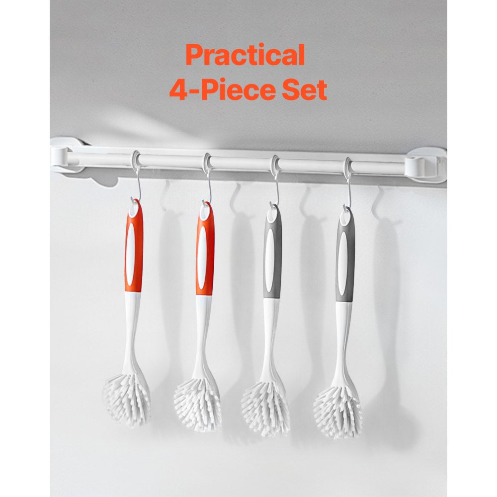 VEVOR Dish Brush, 4 Pack Kitchen Scrub Brushes with PP Handle, Dish Cleaning Brushes with Curved Bristles, Ideal for Pots, Pans, Sink and Stove, 2 Gray + 2 Orange