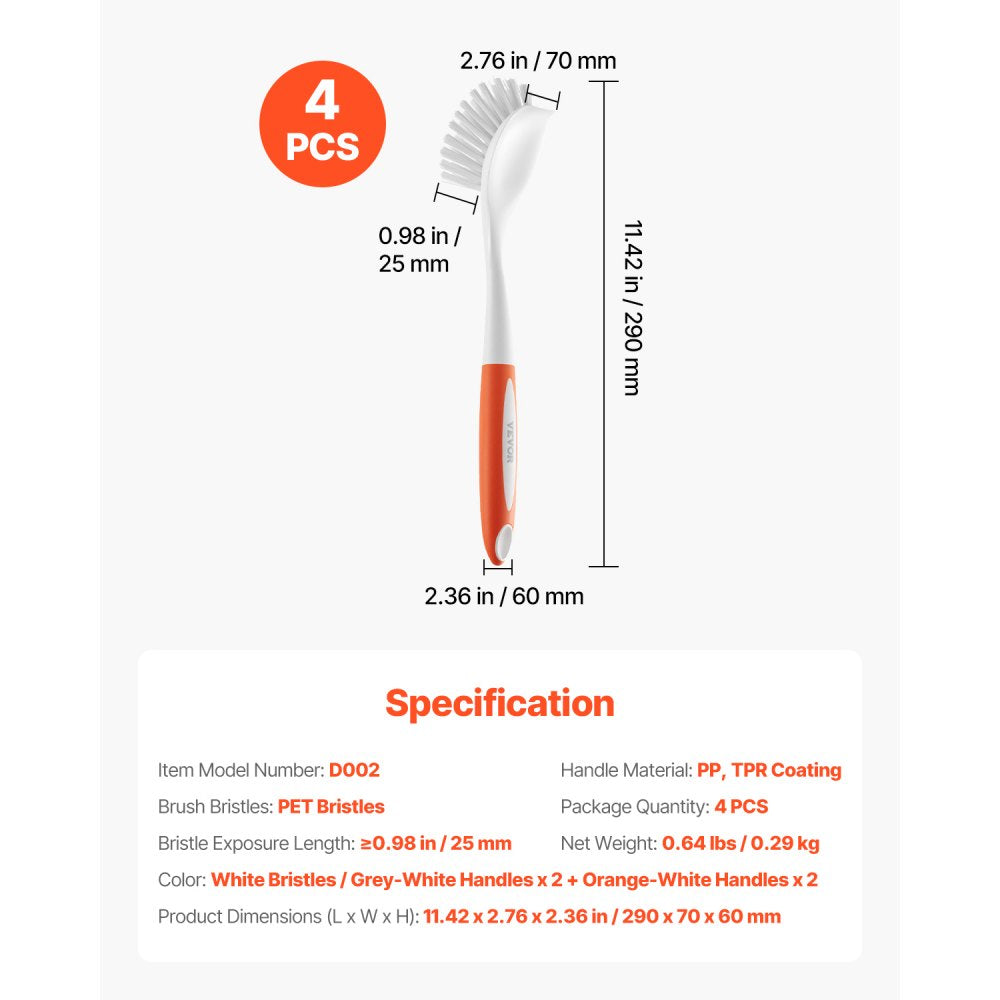 VEVOR Dish Brush, 4 Pack Kitchen Scrub Brushes with PP Handle, Dish Cleaning Brushes with Curved Bristles, Ideal for Pots, Pans, Sink and Stove, 2 Gray + 2 Orange