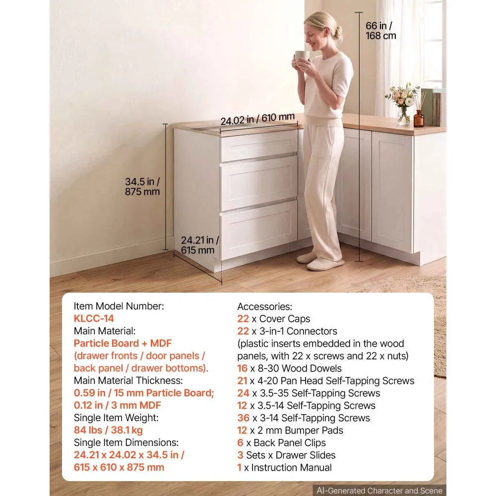 VEVOR White Shaker Base Cabinet Ready to Assemble, 24"W Unassembled Cabinet, 24" W x 24" D x 34.5" H, with 3 Drawers, Soft-Close Hardware, Fine Edge Banding, for Home, Office, and Laundry Room