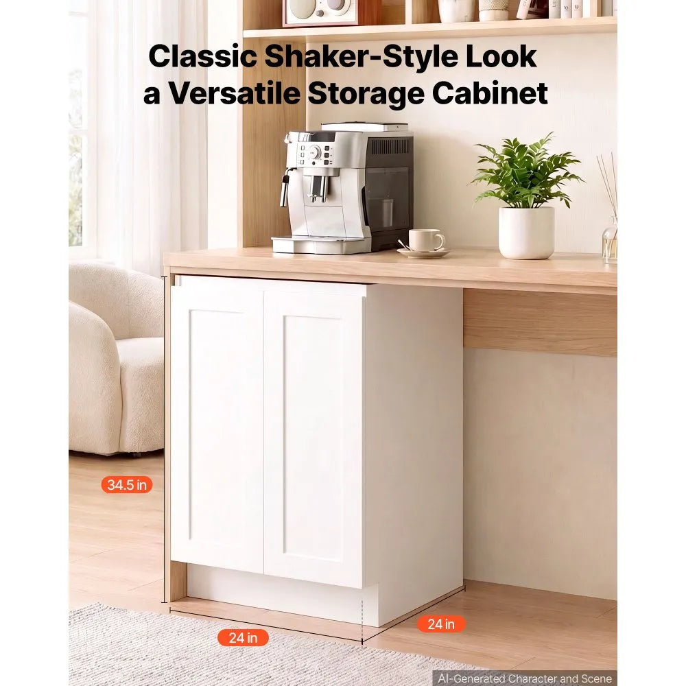 VEVOR White Shaker Base Cabinet Ready to Assemble, 24"W Unassembled Cabinet, 24" W x 24" D x 34.5" H, with 2 Doors, Adjustable Shelf, Soft-Close Hardware, for Home, Office, and Laundry Room