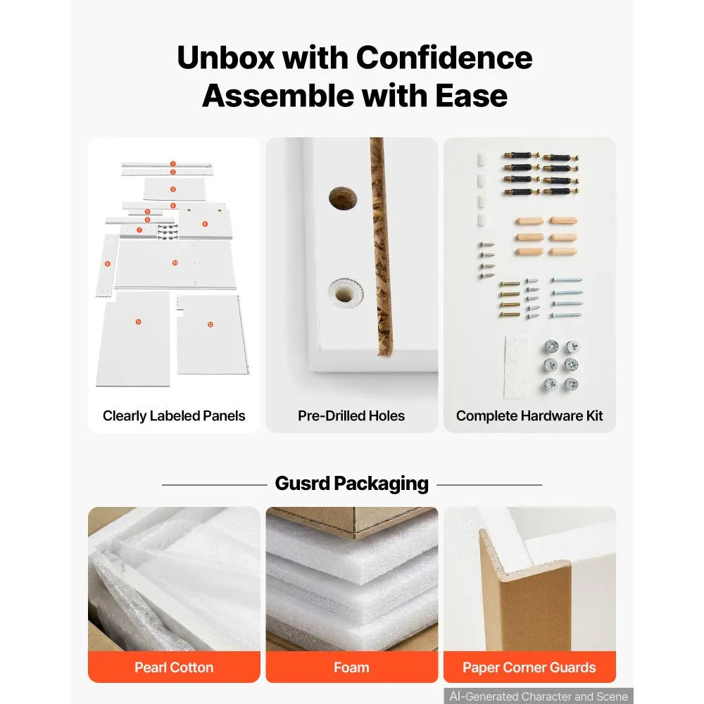 VEVOR White Shaker Base Cabinet Ready to Assemble, 48"W Unassembled Sink Base Cabinet, 48" W x 24" D x 34.5" H, with 3 Doors, Soft-Close Hardware, Fine Edge Banding, for Home, Office, and Laundry Room