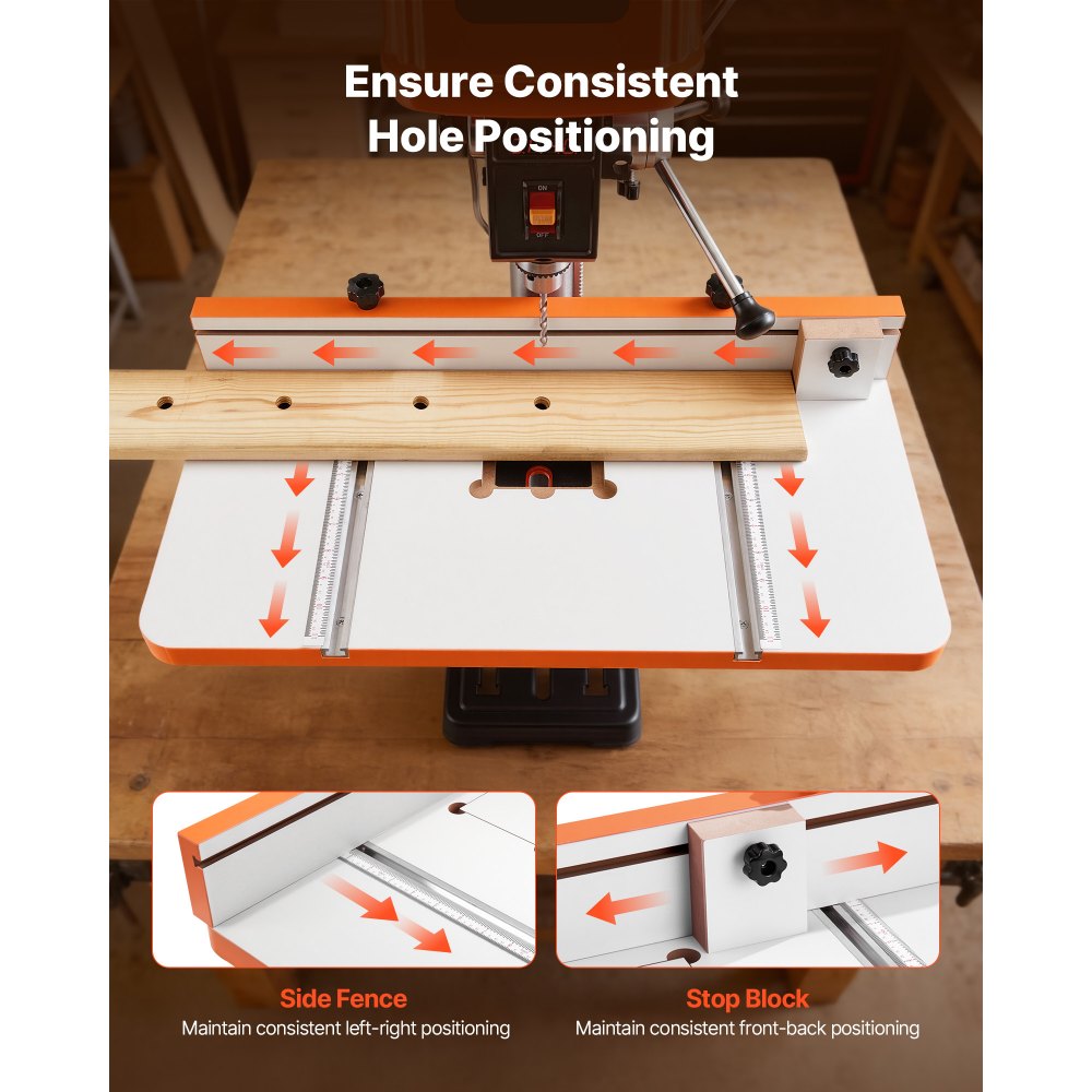 VEVOR Drill Press Table, 24 in x 12 in, Worktable with an Adjustable Fence and Stop Block, Highly Compatible T-Slots, MDF Tabletop, Built-In Scale, Support Multiple Clamps and Vises, for Drill Presses