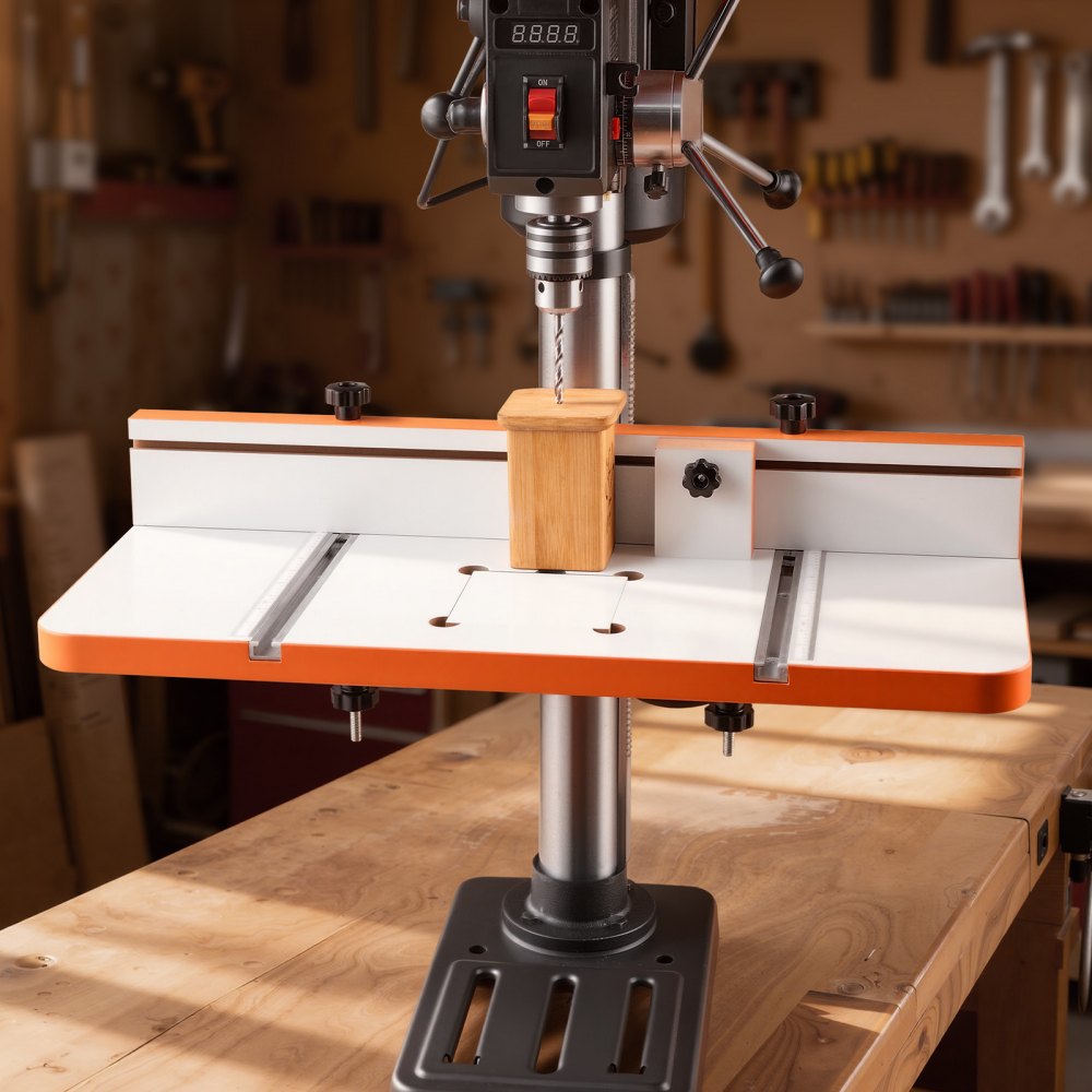 VEVOR Drill Press Table, 24 in x 12 in, Worktable with an Adjustable Fence and Stop Block, Highly Compatible T-Slots, MDF Tabletop, Built-In Scale, Support Multiple Clamps and Vises, for Drill Presses
