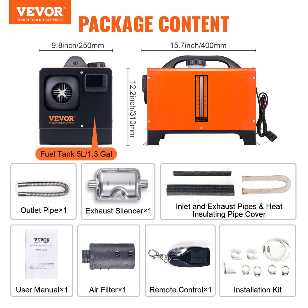 VEVOR Diesel Air Heater, 12V 8KW All-on-one Diesel Heater with Remote Control and LCD Display, 5L Fuel Tank Portable Diesel Parking Heater, Rapid Heating for RV Trailer Camper Van Boat