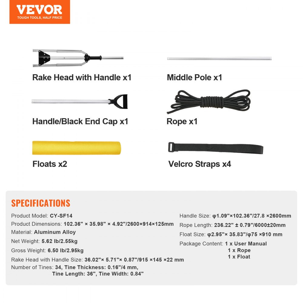 VEVOR Landscape Rake, 36" Head Aluminum Landscape Rake, Lake Weed Rake with 102.36" Adjustable Extension Handle, Rope and Float, for Loosening Soil, Lawn Care, Weeding Lake, Garden, Pond