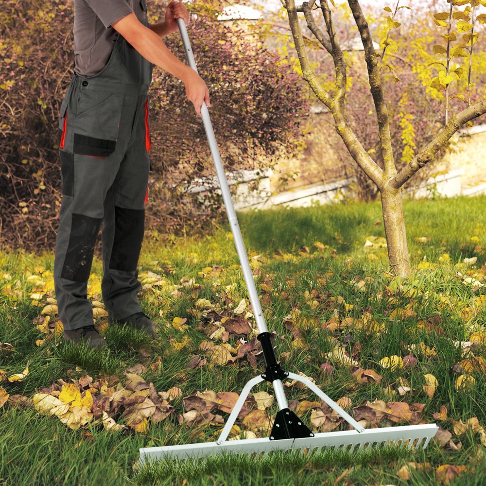 VEVOR Landscape Rake, 36" Head Aluminum Landscape Rake, Lake Weed Rake with 102.36" Adjustable Extension Handle, Rope and Float, for Loosening Soil, Lawn Care, Weeding Lake, Garden, Pond