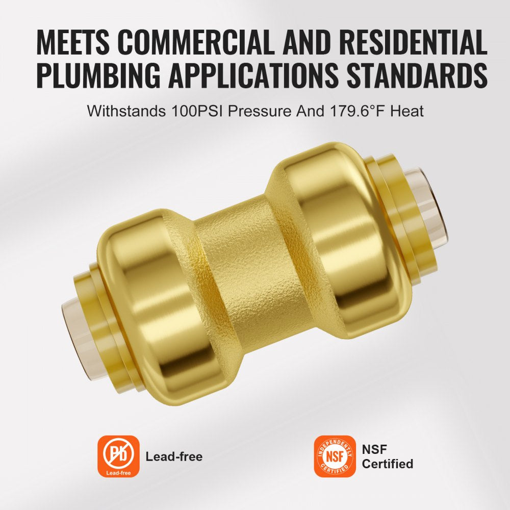 VEVOR Pipe Fittings, 1/2" 12PCS Brass Pipe Fittings, Straight-Through Push-Fit Pipe Connector Brass Air Fittings, Heavy Duty Plumbing Fittings Adapter for Heating/Shower Systems, Water Pipes