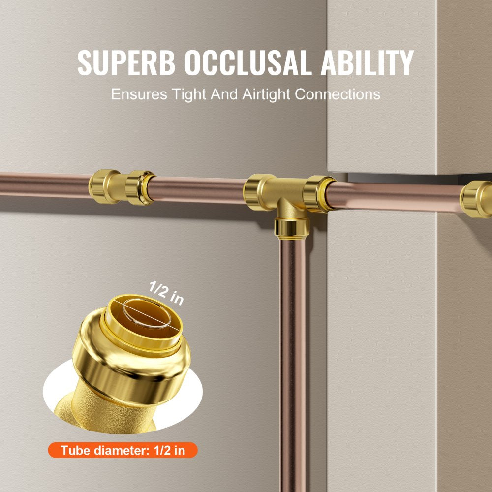VEVOR Pipe Fittings, 1/2" 12PCS Brass Pipe Fittings, Straight-Through Push-Fit Pipe Connector Brass Air Fittings, Heavy Duty Plumbing Fittings Adapter for Heating/Shower Systems, Water Pipes