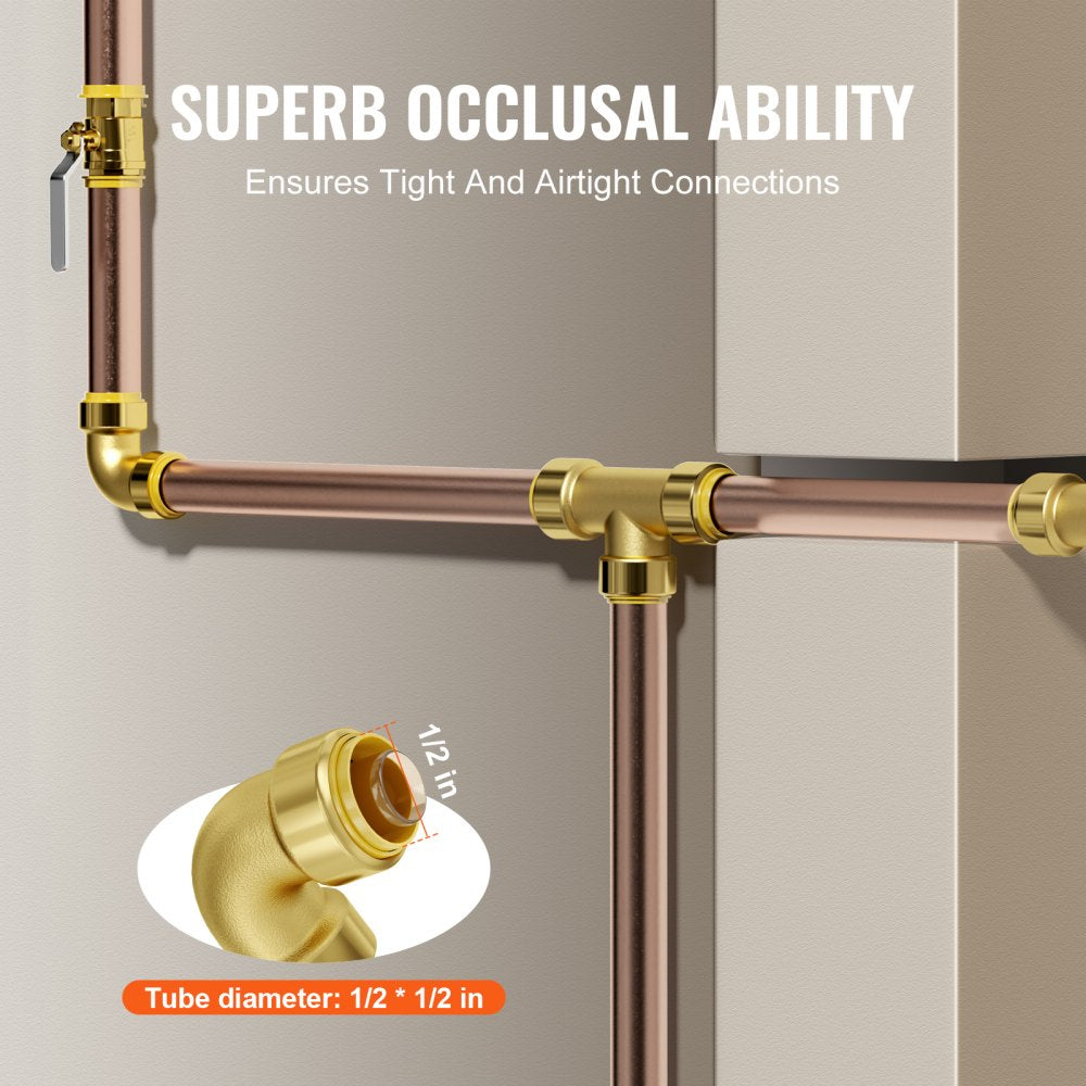 VEVOR Pipe Fittings, 1/2" 12PCS Brass Pipe Fittings, Elbow Push-Fit Pipe Connector Brass Air Fittings, Heavy Duty Plumbing Fittings Adapter for Heating/Shower Systems, Water Pipes