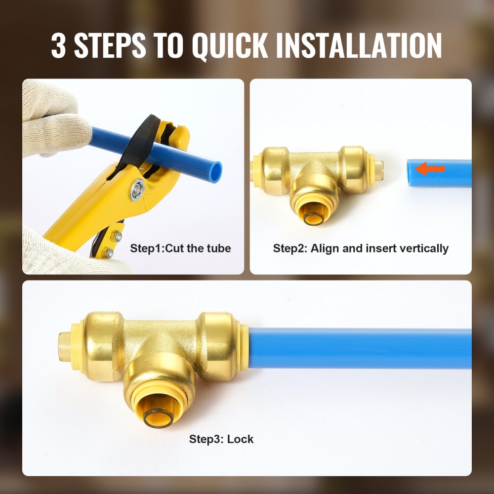 VEVOR Pipe Fittings, 1/2" 12PCS Tee Brass Pipe Fittings, Push-Fit Pipe Connector Brass Air Fittings, Heavy Duty Plumbing Fittings Adapter for Heating/Shower Systems, Water Pipes