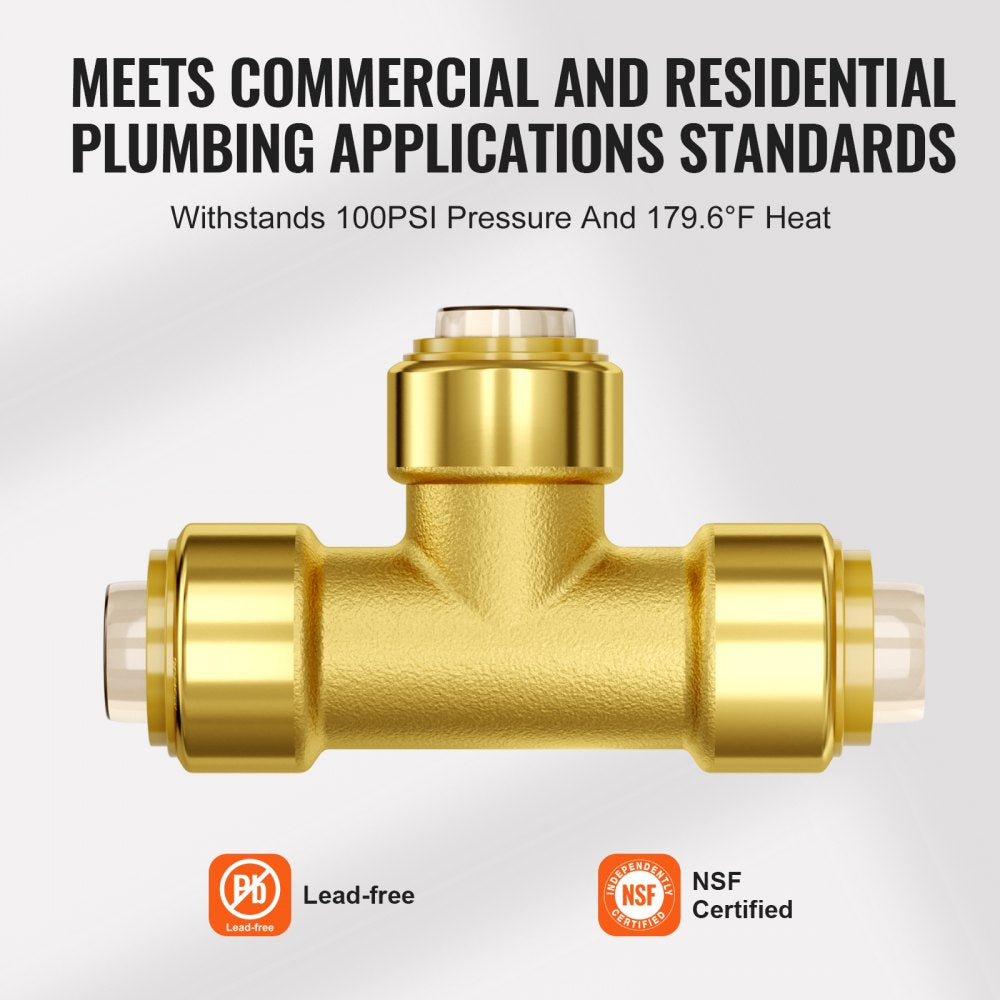 VEVOR Pipe Fittings, 1/2" 12PCS Tee Brass Pipe Fittings, Push-Fit Pipe Connector Brass Air Fittings, Heavy Duty Plumbing Fittings Adapter for Heating/Shower Systems, Water Pipes