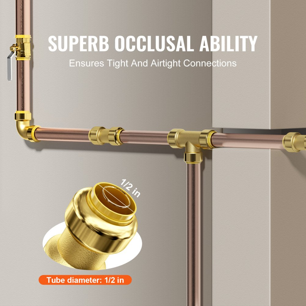 VEVOR Pipe Fittings, 1/2" 25PCS (10xStraight, 10xElbows, 5xTees) Brass Pipe Fittings, Push-Fit Pipe Connector Brass Air Fittings, Plumbing Fittings Adapter for Heating/Shower Systems, Water Pipes
