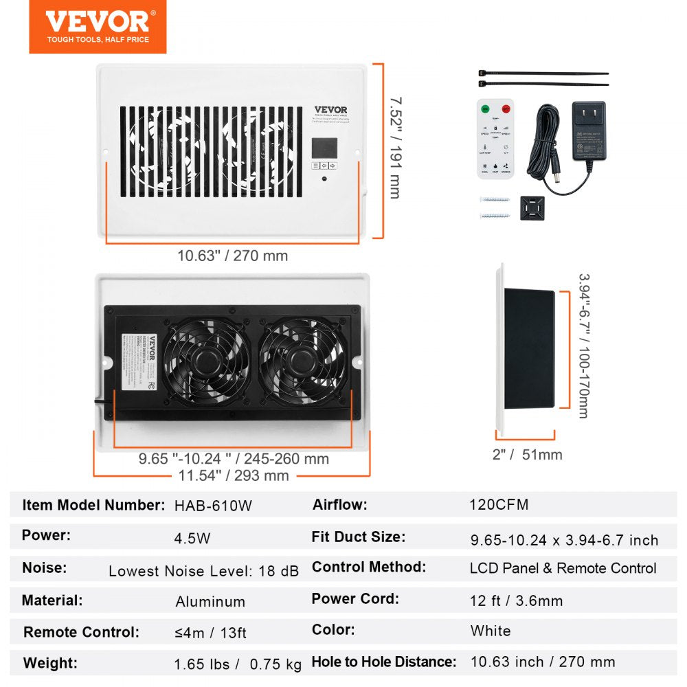 VEVOR Register Booster Fan, Quiet Vent Booster Fan Fits 6 x 10 inch Holes, with Remote Control and Thermostat Control, Adjustable Speed for Heating Cooling Smart Vent, White