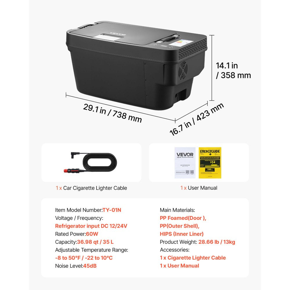 VEVOR 12 Volt Refrigerator, 37 QT/ 35L Car Fridge for Tesla Model Y, Portable Electric Freezer Compressor with APP Control, 12V/24V DC, -8℉ to 50℉