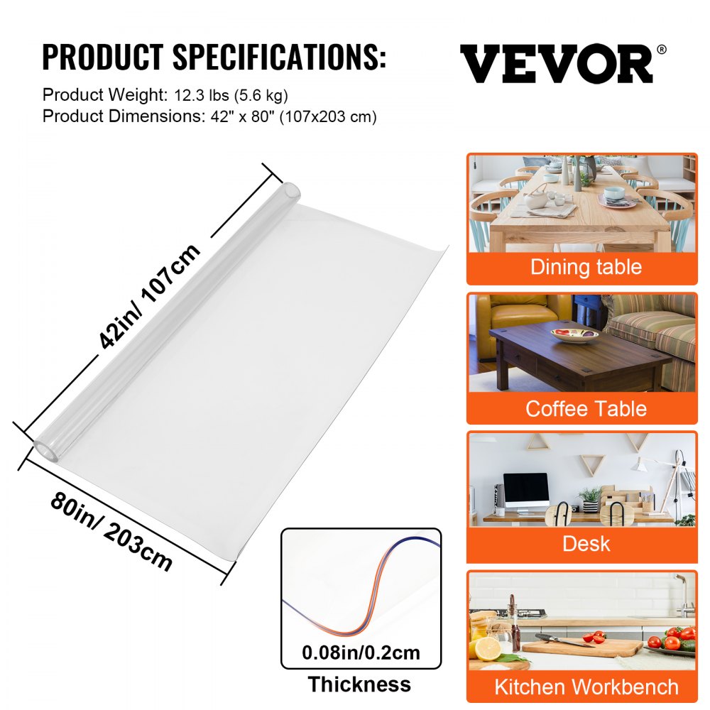 VEVOR Plastic Table Cover, 42"x80"x0.08", Transparent PVC Table Protector, Rectangle Clear Desk Mat, Water Oil Proof Table Cover for Dining Table Coffer Table Kitchen Worktable Dresser Cabinet, etc.