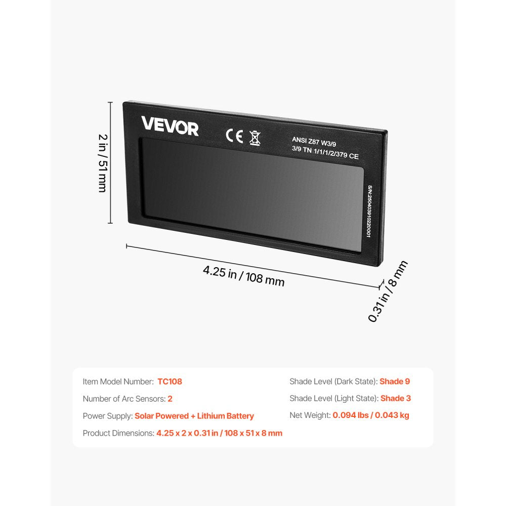 VEVOR Auto Darkening Welding Lens 4.25" x 2", Shade 9 True Color Welding Lens with Dual Arc Sensors & Gold Coating, Compatible with Most Welding Helmets for TIG, MIG, MMA, ARC Applications