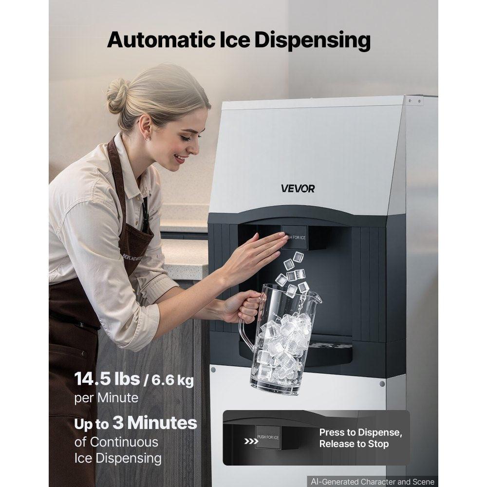 VEVOR Commercial Ice Dispenser, 132 lb Storage, 14.5 lb/6.6 kg per min, for Restaurants & Hotels, Ice Storage Bin with Automatic Dispensing & Height-Adjustable Feet, Ice Maker Head Sold Separately