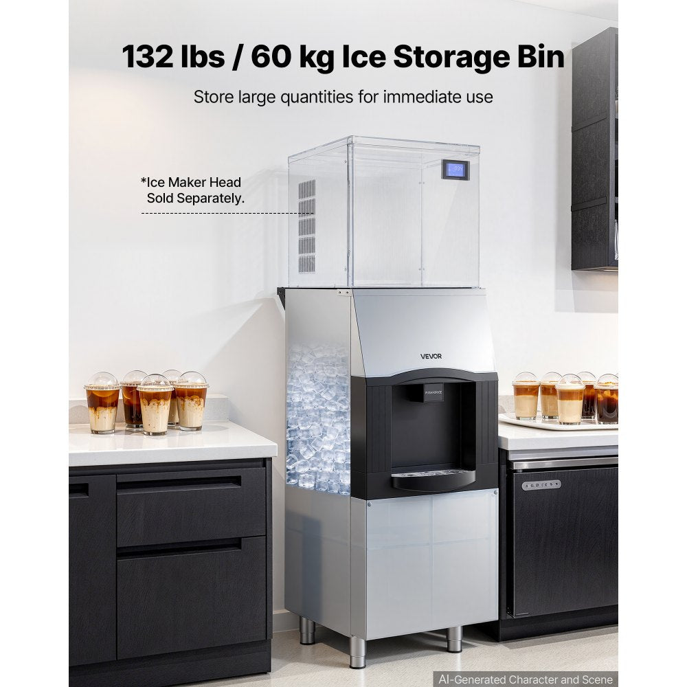 VEVOR Commercial Ice Dispenser, 132 lb Storage, 14.5 lb/6.6 kg per min, for Restaurants & Hotels, Ice Storage Bin with Automatic Dispensing & Height-Adjustable Feet, Ice Maker Head Sold Separately