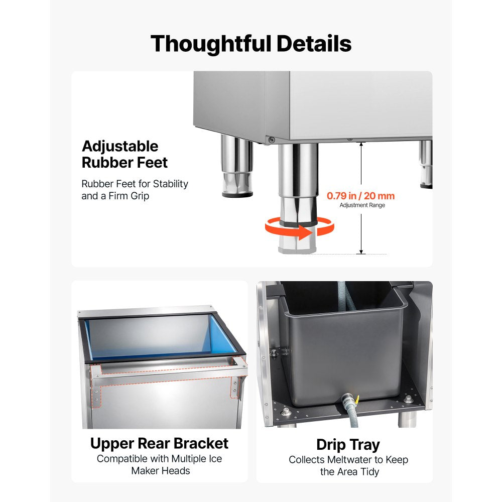 VEVOR Commercial Ice Dispenser, 132 lb Storage, 14.5 lb/6.6 kg per min, for Restaurants & Hotels, Ice Storage Bin with Automatic Dispensing & Height-Adjustable Feet, Ice Maker Head Sold Separately