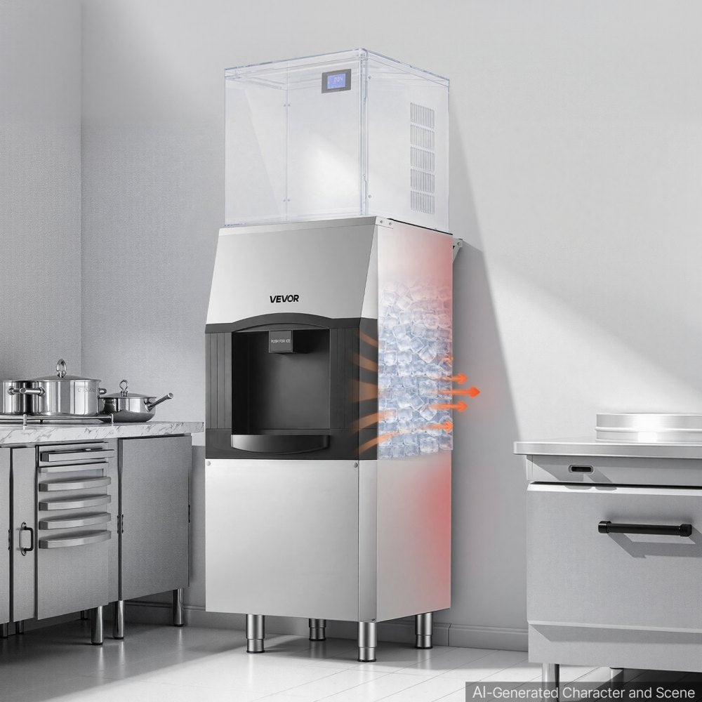 VEVOR Commercial Ice Dispenser, 132 lb Storage, 14.5 lb/6.6 kg per min, for Restaurants & Hotels, Ice Storage Bin with Automatic Dispensing & Height-Adjustable Feet, Ice Maker Head Sold Separately
