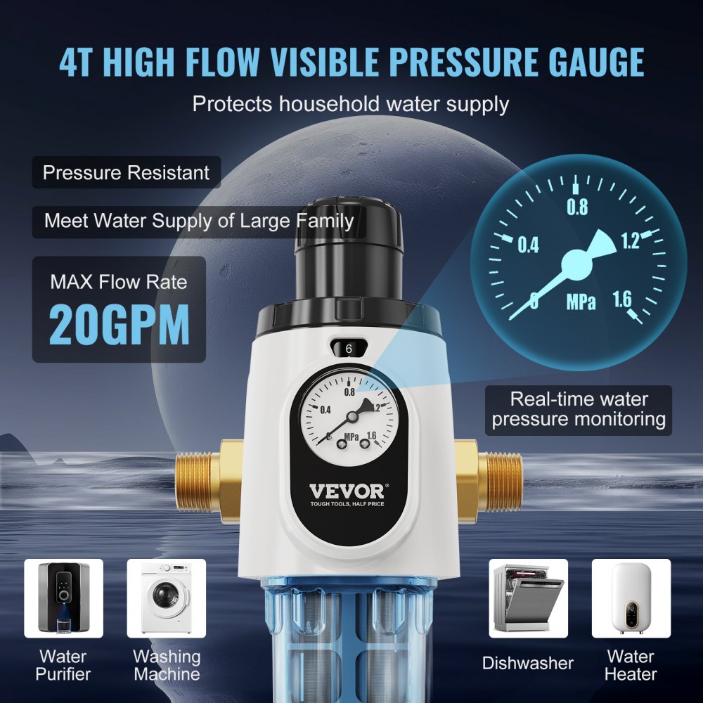 VEVOR Spin Down Filter, 40 Micron Whole House Sediment Filter for Well Water, 3/4" MNPT, 4 T/H High Flow Rate, for Whole House Water Filtration Systems, Well Water Sediment Filter