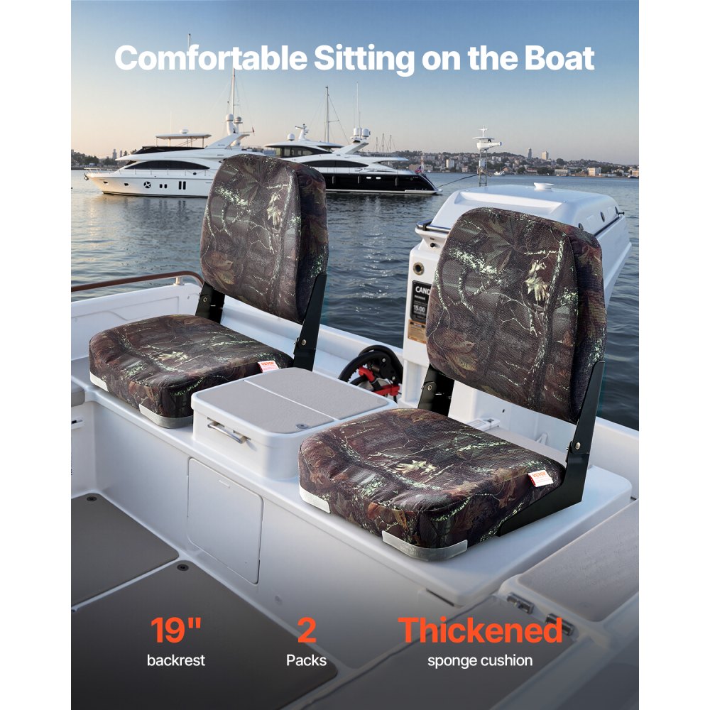 VEVOR Boat Seat, Low Backrest, Folding Fishing Boat Seat with Thickened Sponge Cushion & PU Polyester Fabric, Strong PP Frame, Flip Up Boat Seat for Boats, Yachts, Ships, Camouflage Color (2 Seats)