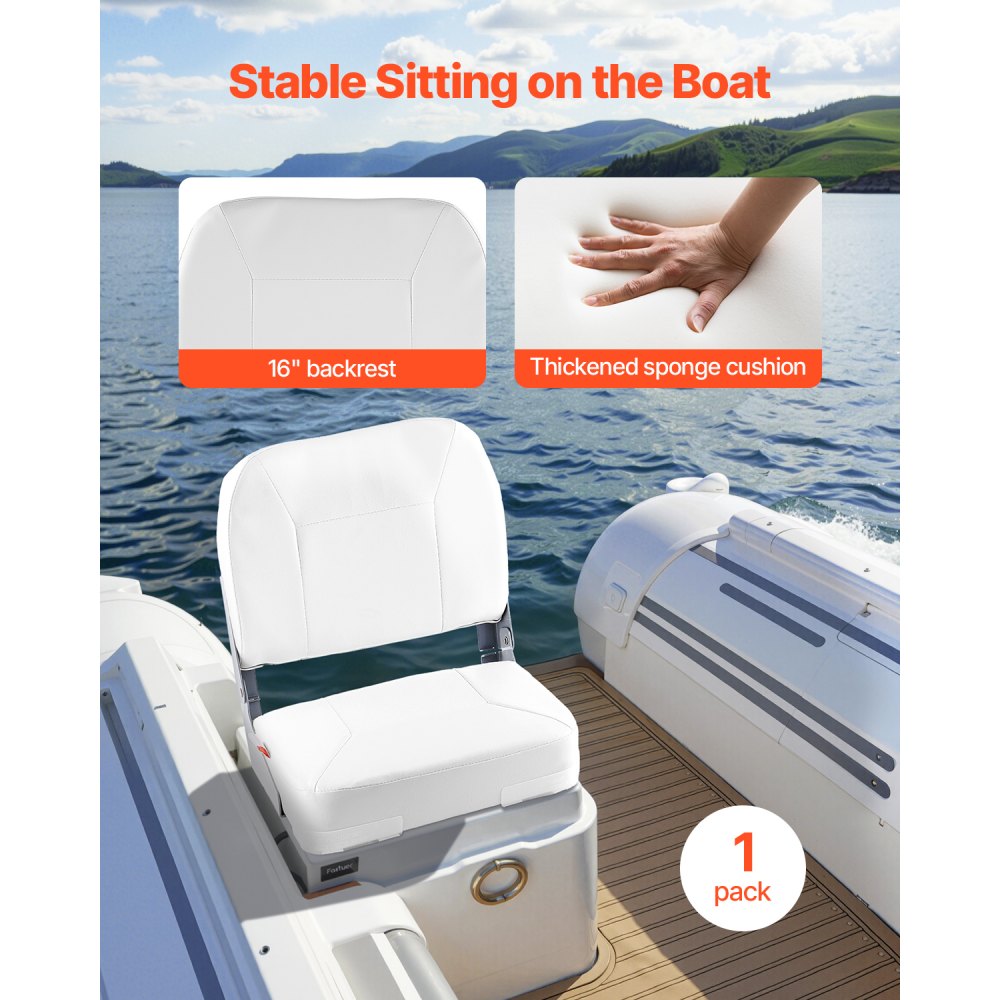 VEVOR Boat Seat, Low Backrest, Folding Fishing Boat Seat with Thickened Sponge Cushion & Waterproof PVC Leather, Aluminum Alloy Hinges, Flip Up Boat Seat for Fishing Boats, Yachts, Ships, White