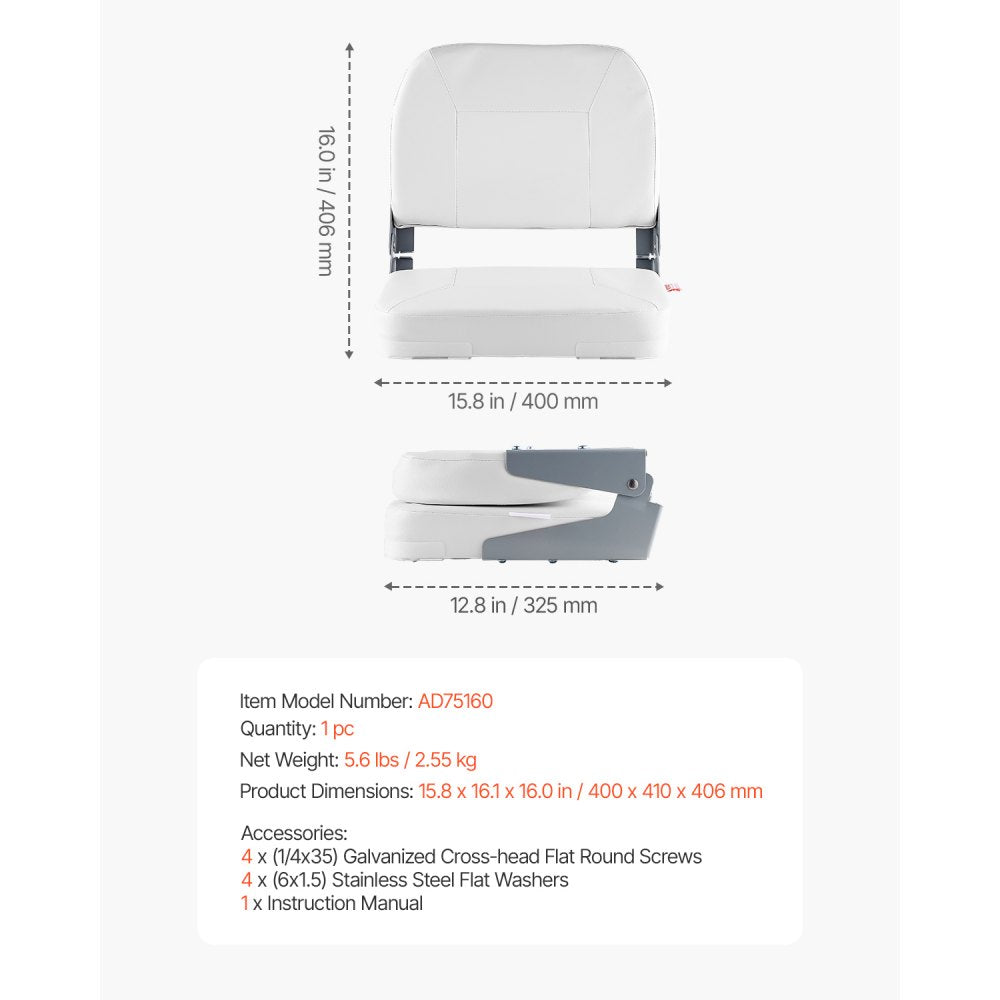 VEVOR Boat Seat, Low Backrest, Folding Fishing Boat Seat with Thickened Sponge Cushion & Waterproof PVC Leather, Aluminum Alloy Hinges, Flip Up Boat Seat for Fishing Boats, Yachts, Ships, White
