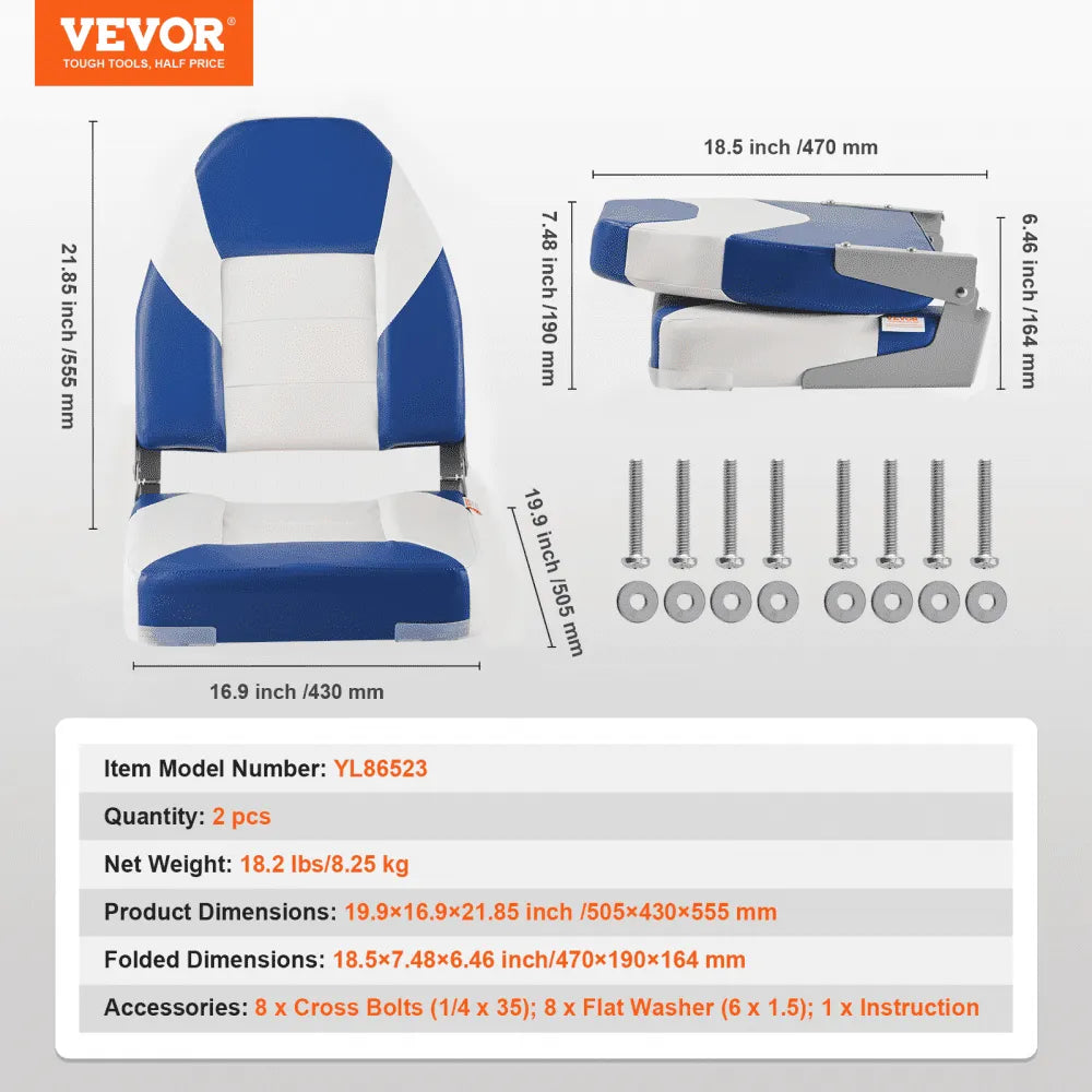 VEVOR Boat Seats, 21.85" High Back Boat Seat, Folding Boat Chair with Thickened Sponge Padding and Hinge, Fold-Down Boat Captain Chairs for Fishing Boat, Sightseeing Boat, Speedboat, Canoe, 2-Pack