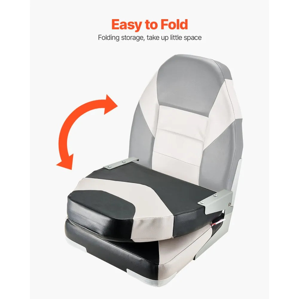 VEVOR Boat Seat, High Backrest, Folding Fishing Boat Seat with Thickened Sponge Cushion & Waterproof PVC Leather, Aluminum Alloy Hinges, Flip Up Boat Seat for Boats, Yachts, Ships, Black & Grey