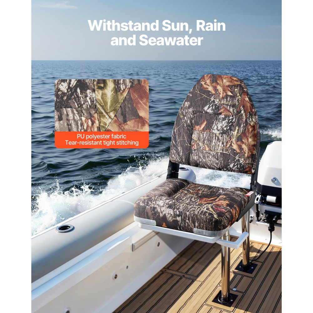 VEVOR Boat Seat, High Backrest, Folding Fishing Boat Seat with Thickened Sponge Cushion & PU Polyester Fabric, Aluminum Alloy Hinges, Flip Up Boat Seat for Boats, Yachts, Ships, Camouflage (2 Seats)