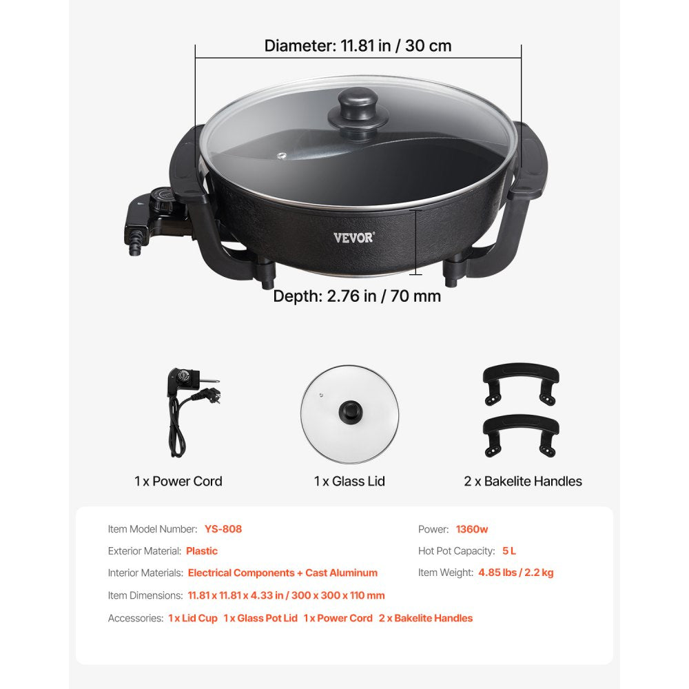 VEVOR Electric Hot Pot, 1360W 5 L Double-flavor Shabu Shabu Pot, Non-Stick Electric Cooker with Divider, Clear Glass Lid, Temperature control, Chinese Hotpot for 6-10 People Family Dinning & Party