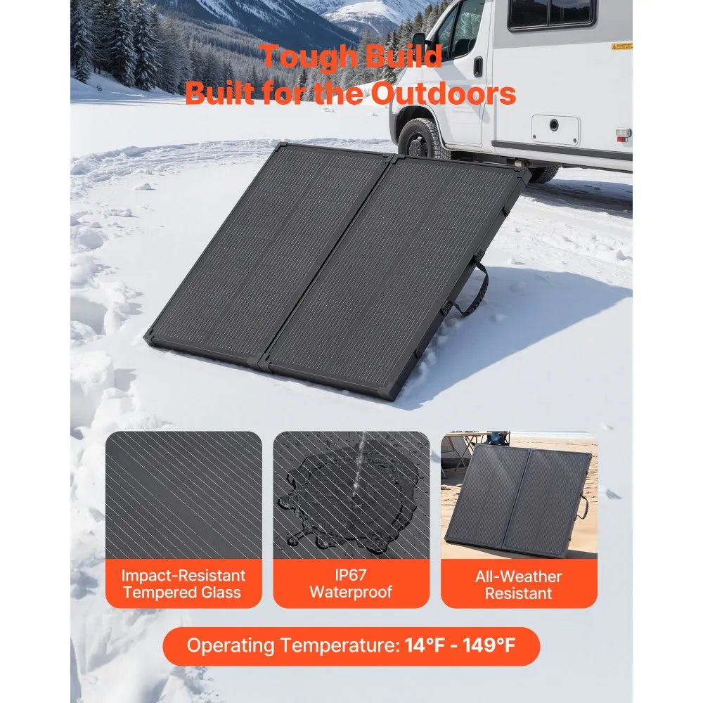 VEVOR 100W Foldable Solar Panel with Frame, 16BB N-Type Portable Monocrystalline Solar Panel Charger 24% Efficiency, IP67 Waterproof with 30A PWM Controller & MC4 Output for Camping, Hiking, RV Trips