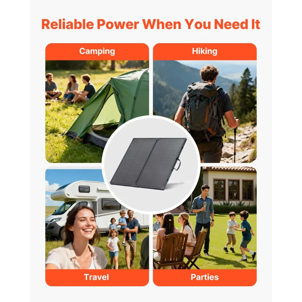 VEVOR 100W Foldable Solar Panel with Frame, 16BB N-Type Portable Monocrystalline Solar Panel Charger 24% Efficiency, IP67 Waterproof with 30A PWM Controller & MC4 Output for Camping, Hiking, RV Trips