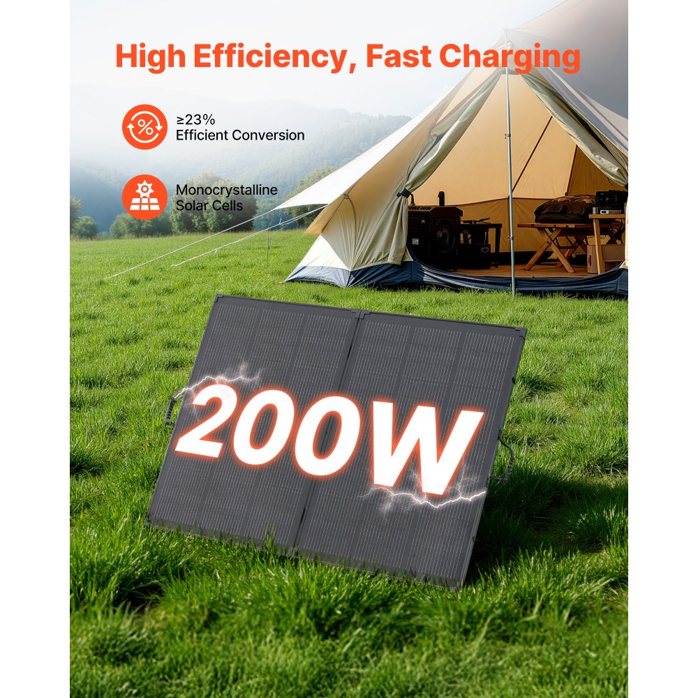 VEVOR 200W Foldable Solar Panel with Frame, 23% High-Efficiency Portable Monocrystalline Solar Panel Charger with 30A PWM Controller & MC4 Output, IP67 Waterproof for Camping, Hiking, RV Trips