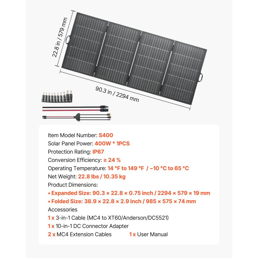 VEVOR 400W Foldable Solar Panel with Frame, 16BB N-Type Monocrystalline Solar Panel Charger 24% Efficiency, IP67 Waterproof with MC4 Output & 10-in-1 DC Adapter for Power Stations Camping Hiking Trips