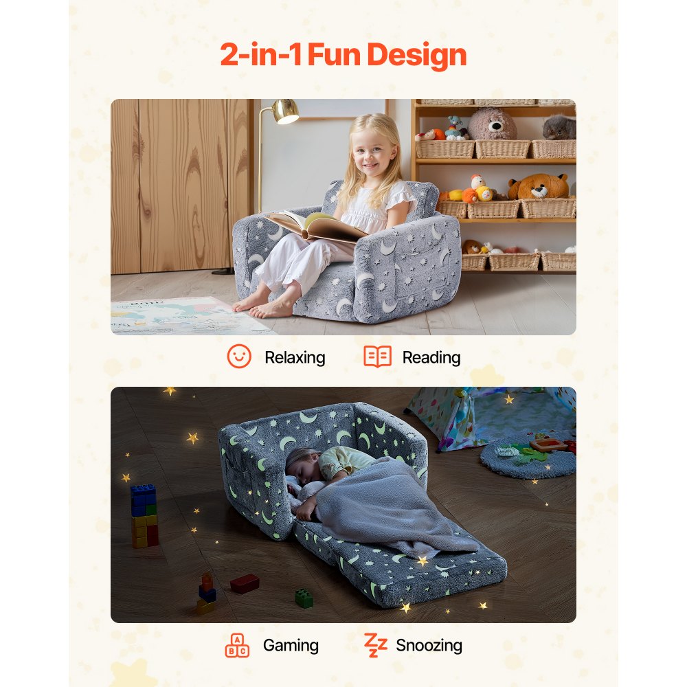 VEVOR 2-in-1 Kids Sofa, Foldable Toddler Soft Couch with Armrests, Glow in the Dark Kids Couch Fold Out with 28D Sponge & Flannel, Convertible Toddler Chair to Lounger for Reading and Gaming, M, Gray