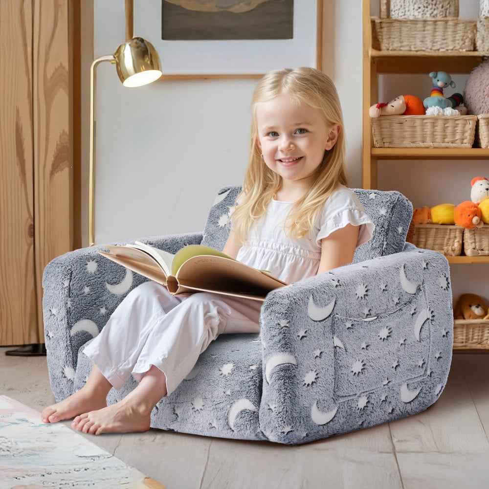 VEVOR 2-in-1 Kids Sofa, Foldable Toddler Soft Couch with Armrests, Glow in the Dark Kids Couch Fold Out with 28D Sponge & Flannel, Convertible Toddler Chair to Lounger for Reading and Gaming, M, Gray