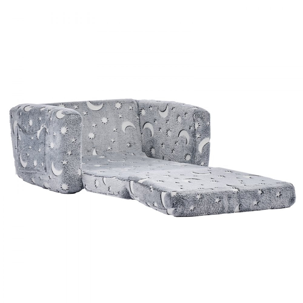VEVOR 2-in-1 Kids Sofa, Foldable Toddler Soft Couch with Armrests, Glow in the Dark Kids Couch Fold Out with 28D Sponge & Flannel, Convertible Toddler Chair to Lounger for Reading and Gaming, M, Gray