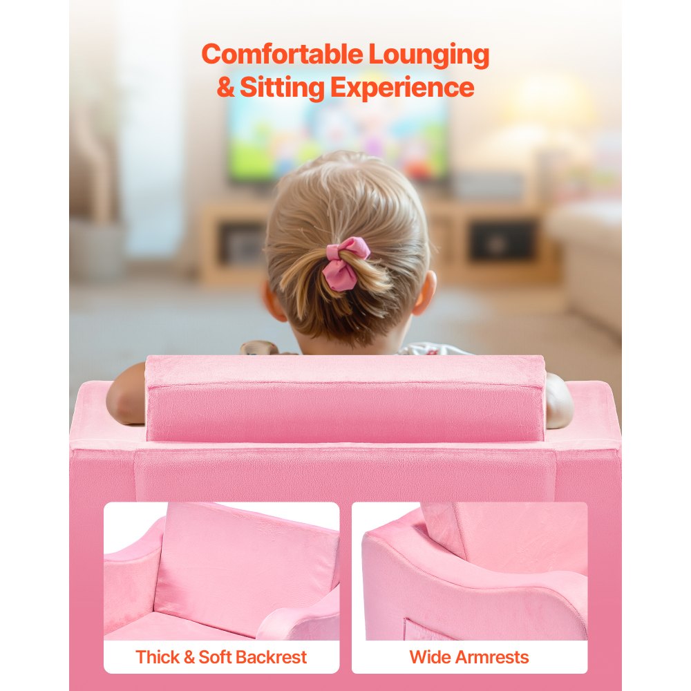 VEVOR 2-in-1 Kids Sofa, Foldable Toddler Soft Couch with Armrests, Made of 28D Sponge & Short Pile, Convertible Toddler Chair to Lounger, Kid Couch Fold Out for Fun Playtime or Comfy Lounging, M, Pink