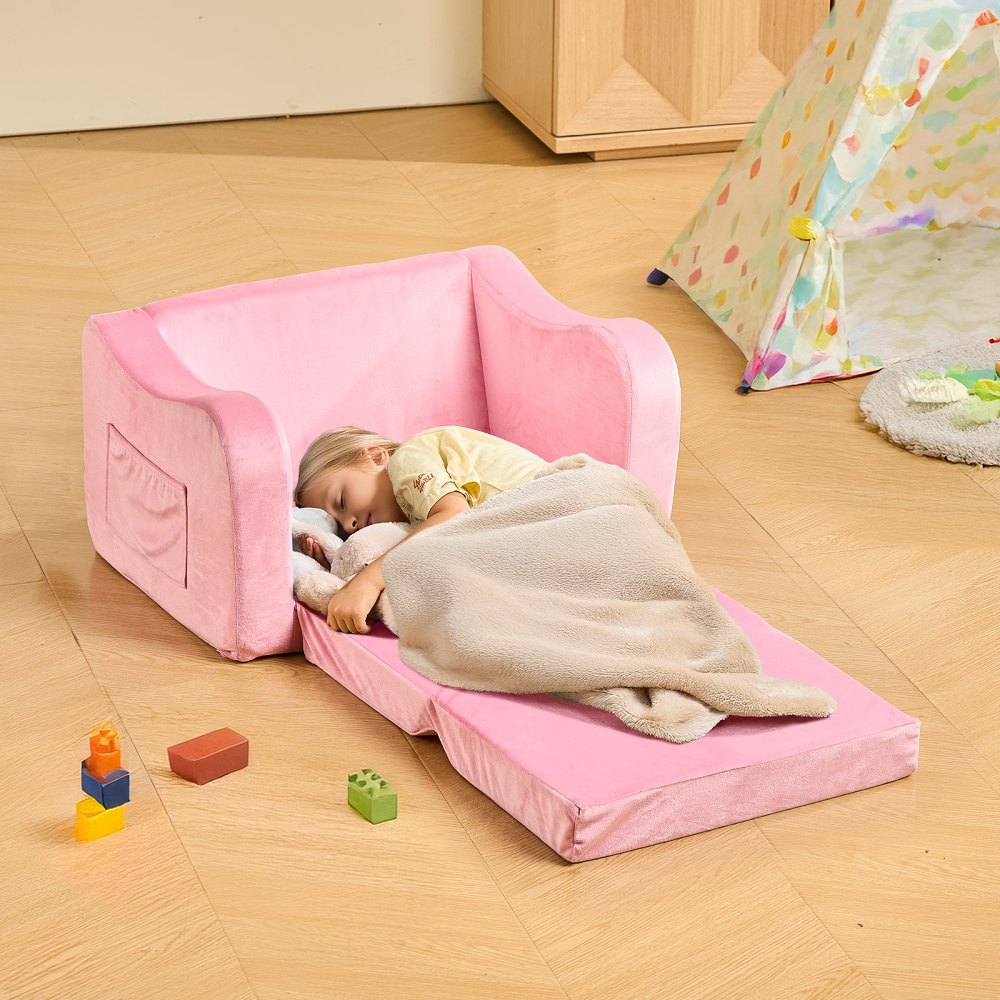 VEVOR 2-in-1 Kids Sofa, Foldable Toddler Soft Couch with Armrests, Made of 28D Sponge & Short Pile, Convertible Toddler Chair to Lounger, Kid Couch Fold Out for Fun Playtime or Comfy Lounging, M, Pink