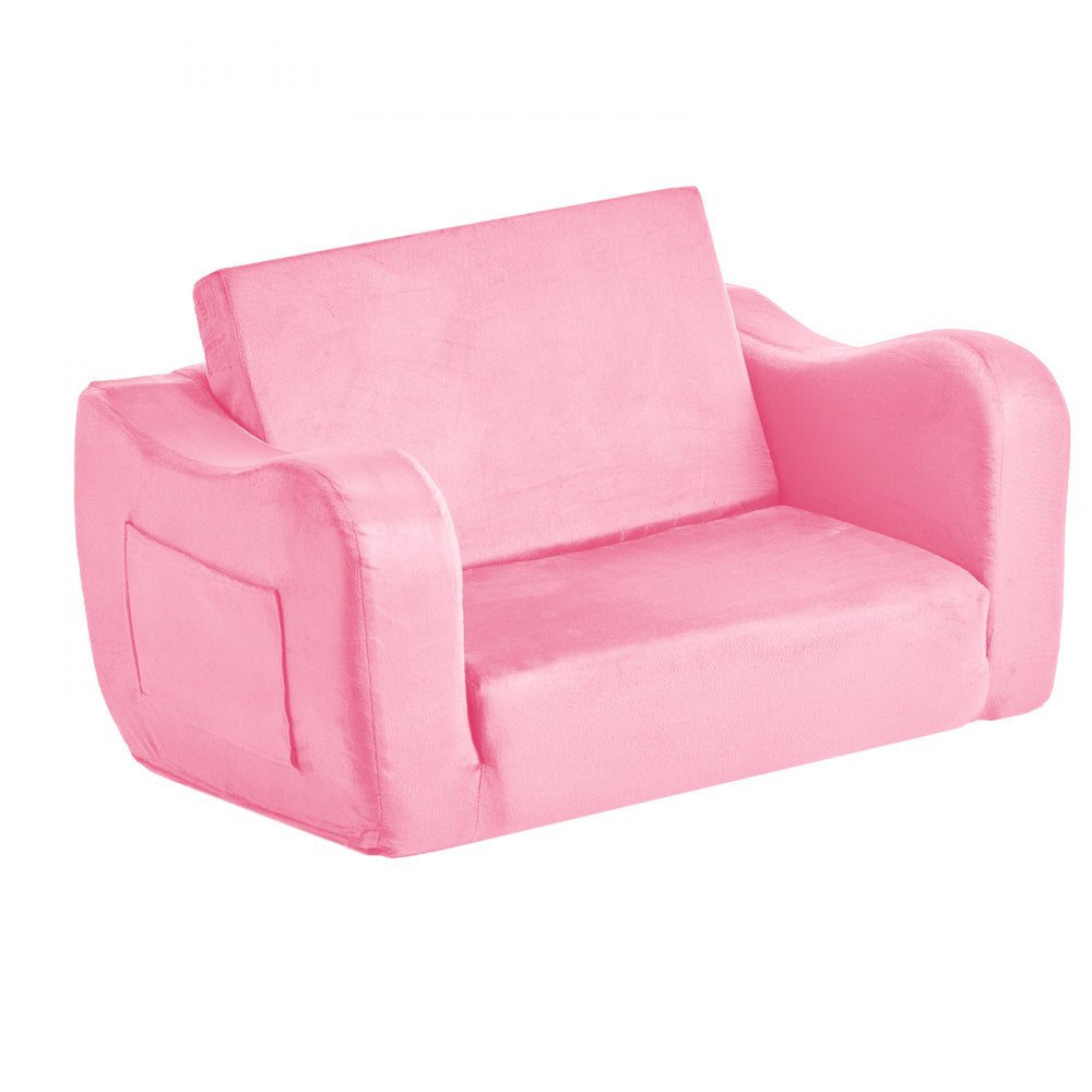 VEVOR 2-in-1 Kids Sofa, Foldable Toddler Soft Couch with Armrests, Made of 28D Sponge & Short Pile, Convertible Toddler Chair to Lounger, Kid Couch Fold Out for Fun Playtime or Comfy Lounging, M, Pink