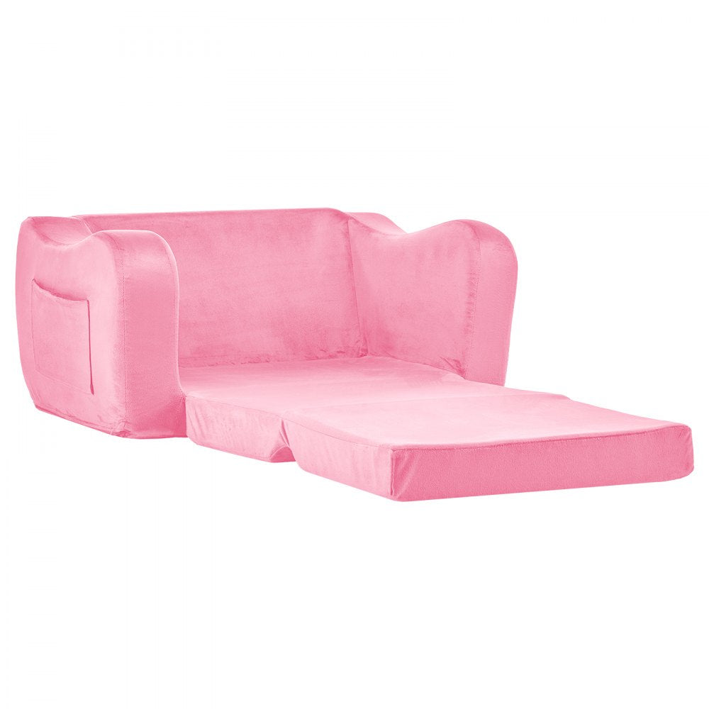 VEVOR 2-in-1 Kids Sofa, Foldable Toddler Soft Couch with Armrests, Made of 28D Sponge & Short Pile, Convertible Toddler Chair to Lounger, Kid Couch Fold Out for Fun Playtime or Comfy Lounging, M, Pink