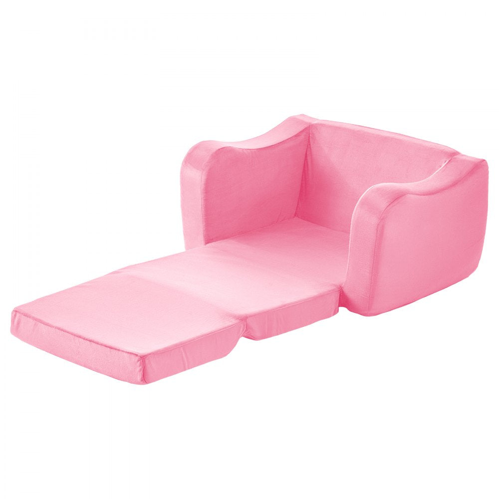 VEVOR 2-in-1 Kids Sofa, Foldable Toddler Soft Couch with Armrests, Made of 28D Sponge & Short Pile, Convertible Toddler Chair to Lounger, Kid Couch Fold Out for Fun Playtime or Comfy Lounging, M, Pink