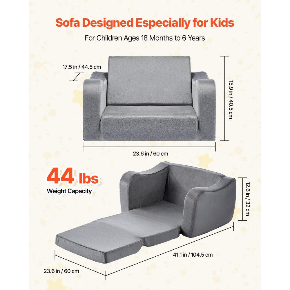 VEVOR 2-in-1 Kids Sofa, Foldable Toddler Soft Couch with Armrests, Made of 28D Sponge & Short Pile, Convertible Toddler Chair to Lounger, Kid Couch Fold Out for Fun Playtime or Comfy Lounging, M, Gray