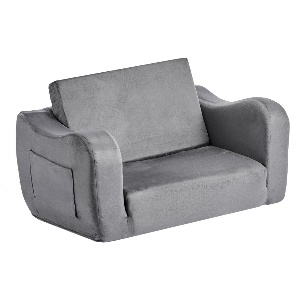 VEVOR 2-in-1 Kids Sofa, Foldable Toddler Soft Couch with Armrests, Made of 28D Sponge & Short Pile, Convertible Toddler Chair to Lounger, Kid Couch Fold Out for Fun Playtime or Comfy Lounging, M, Gray